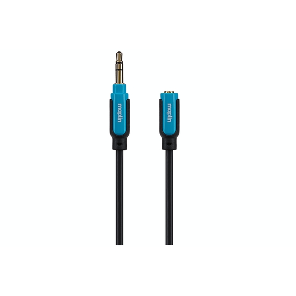 Black 3.5mm aux stereo cable with a blue and black TRS jack plug on one end and a matching female jack plug on the other, designed for audio connections.