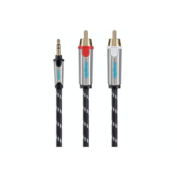 Braided black cable featuring a 3.5mm TRS jack plug on one end and twin RCA connectors (red and white) on the other, with metallic gold tips and a sleek design.