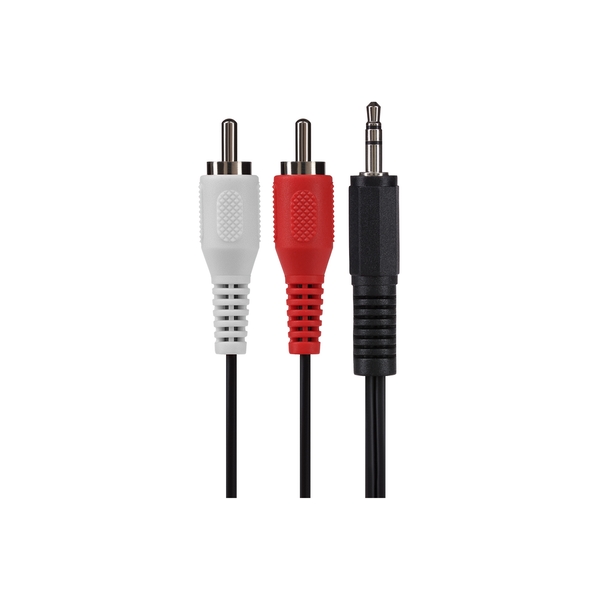 Black 3.5mm TRS jack plug connected to twin RCA phono connectors in red and white, with a durable cable designed for audio connections.