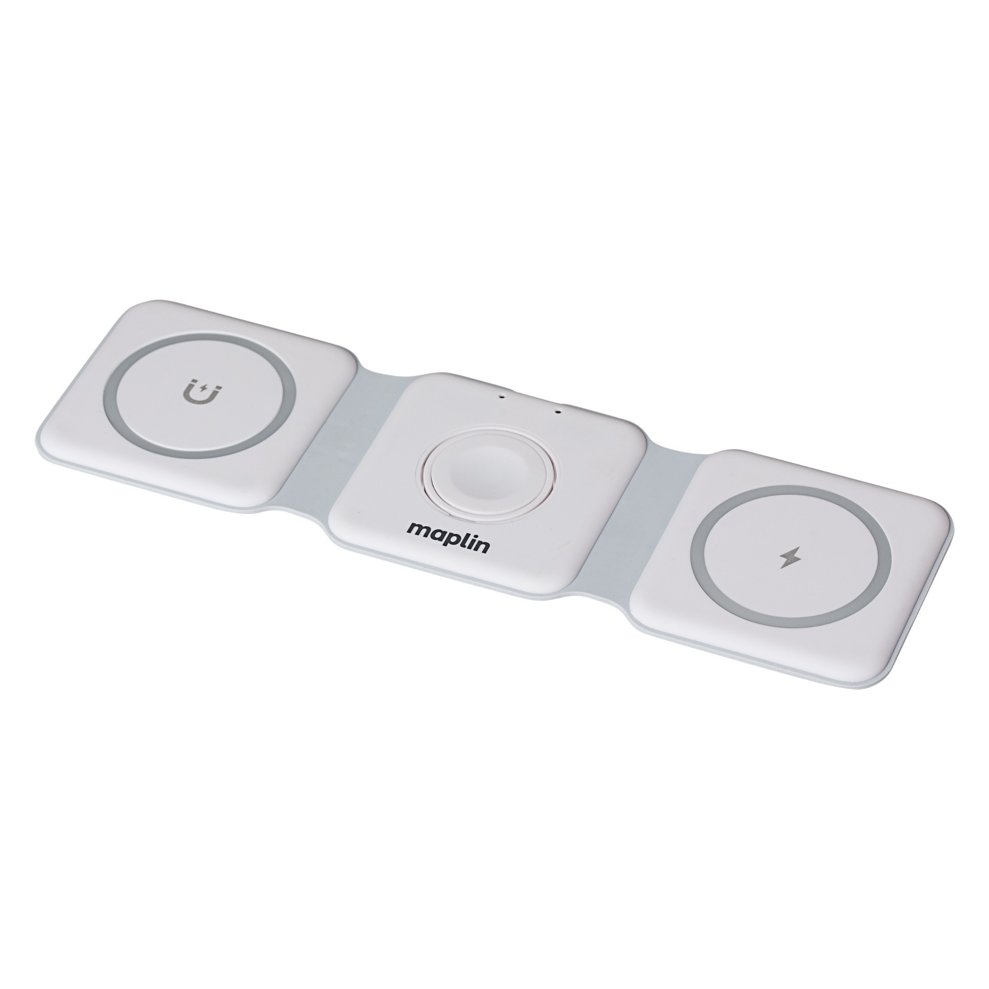 White, sleek 3-in-1 wireless charging mat with three circular charging pads for a phone, earbuds, and a watch, featuring a central power button and the Maplin logo.