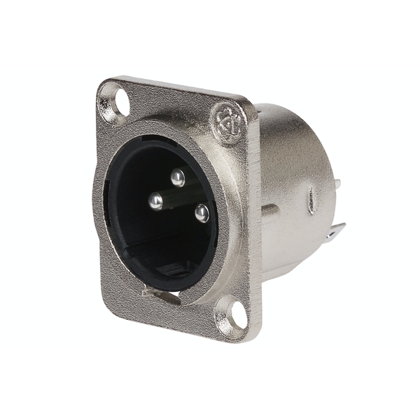 Nickel-plated 3 pole XLR chassis plug with a black plastic interior and three metal pins, featuring a square mounting plate with four screw holes.