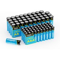 Maplin 40x AA and 40x AAA alkaline batteries, blue and black with yellow text, arranged in rows.
