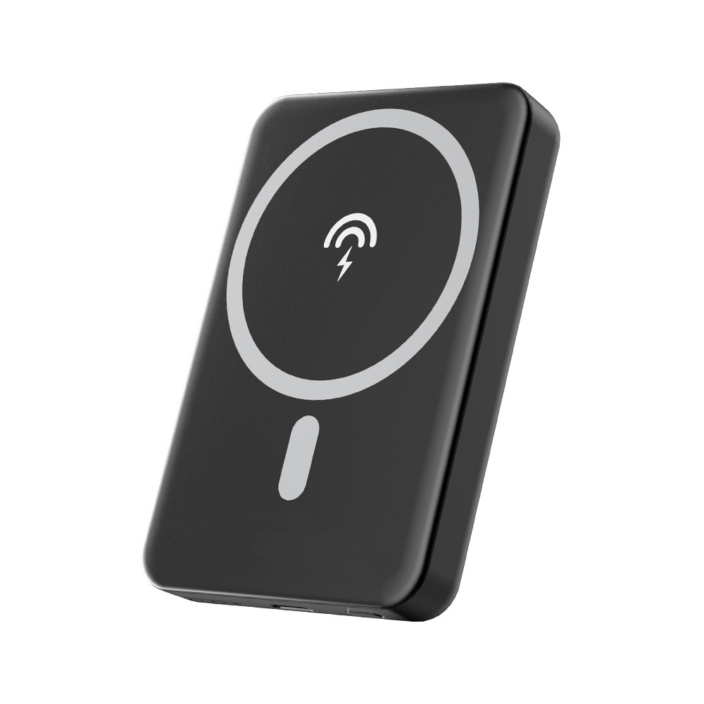 Black Maplin 5000mAh power bank featuring a circular MagSafe wireless charging area and USB-C port, with a sleek, matte finish and a minimalist design.