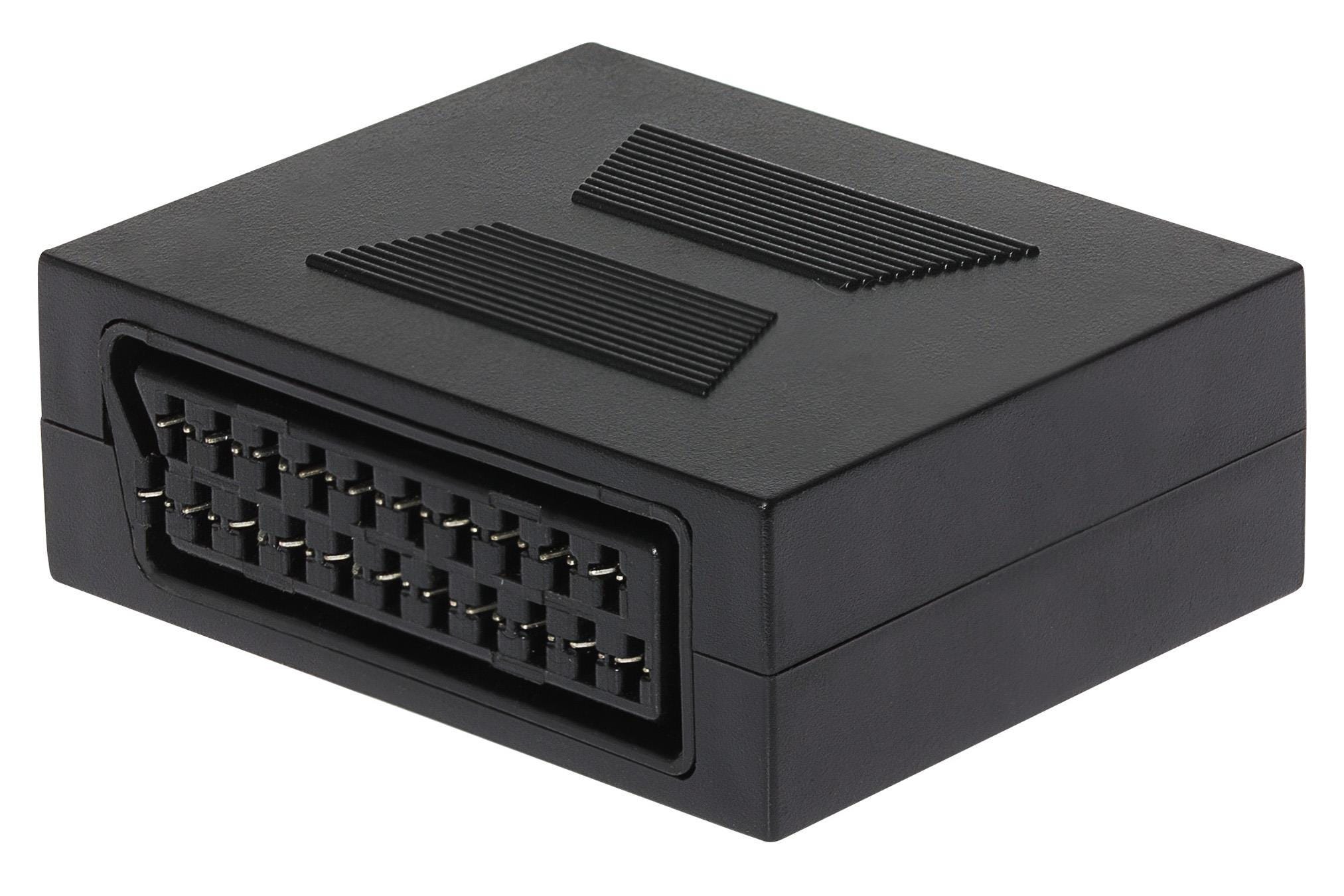 Black plastic SCART cable gender changer with a textured surface and 21-pin connector, designed for connecting SCART cables.