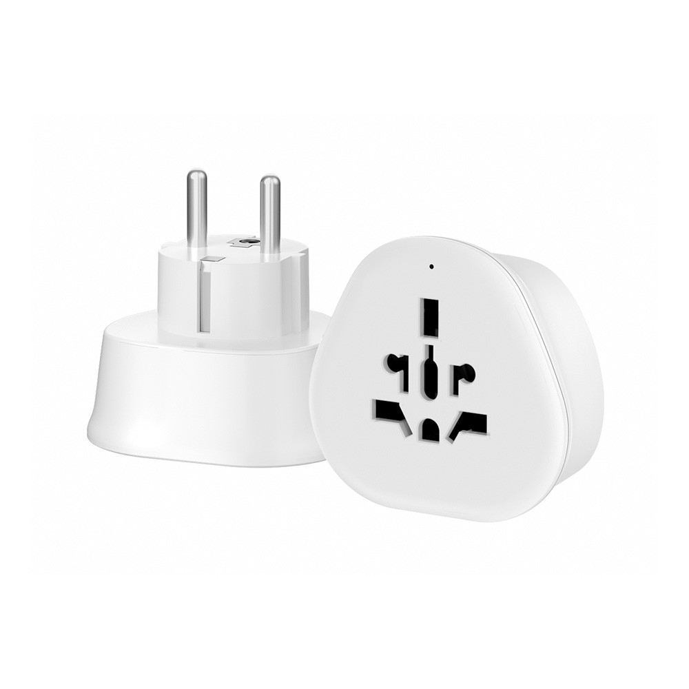 White travel adapter featuring EU Type E & F plug with multiple worldwide socket options, designed for 250V compatibility.