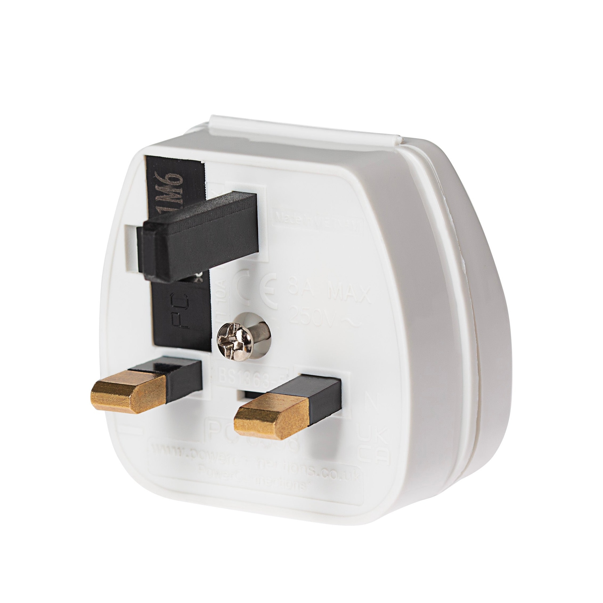 White plastic UK mains plug converter with two prongs for Euro 2 pin plugs, featuring a 5 amp fuse and a screw for secure connection.