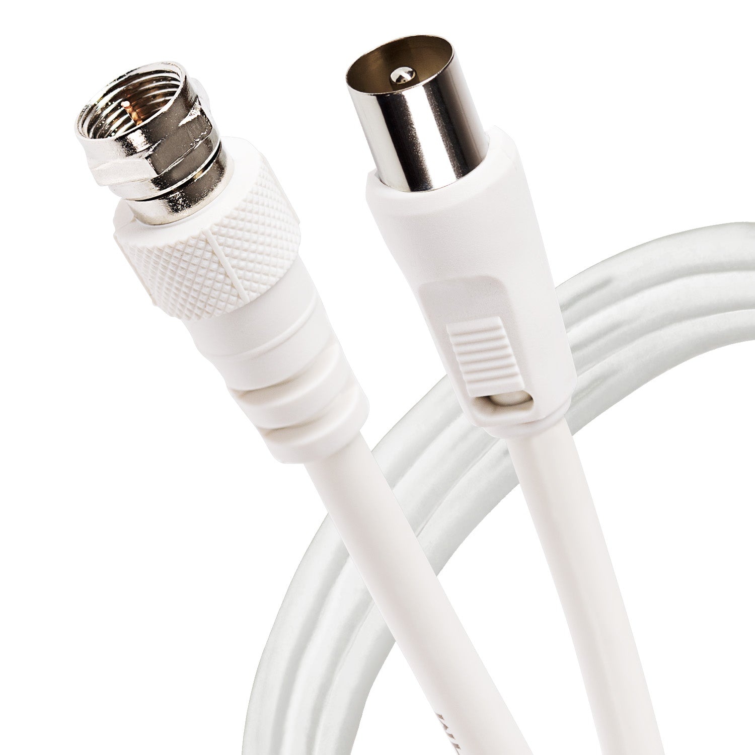 White coaxial cable with a Maplin F Type male connector on one end and an RF male connector on the other, featuring a textured grip for easy handling.