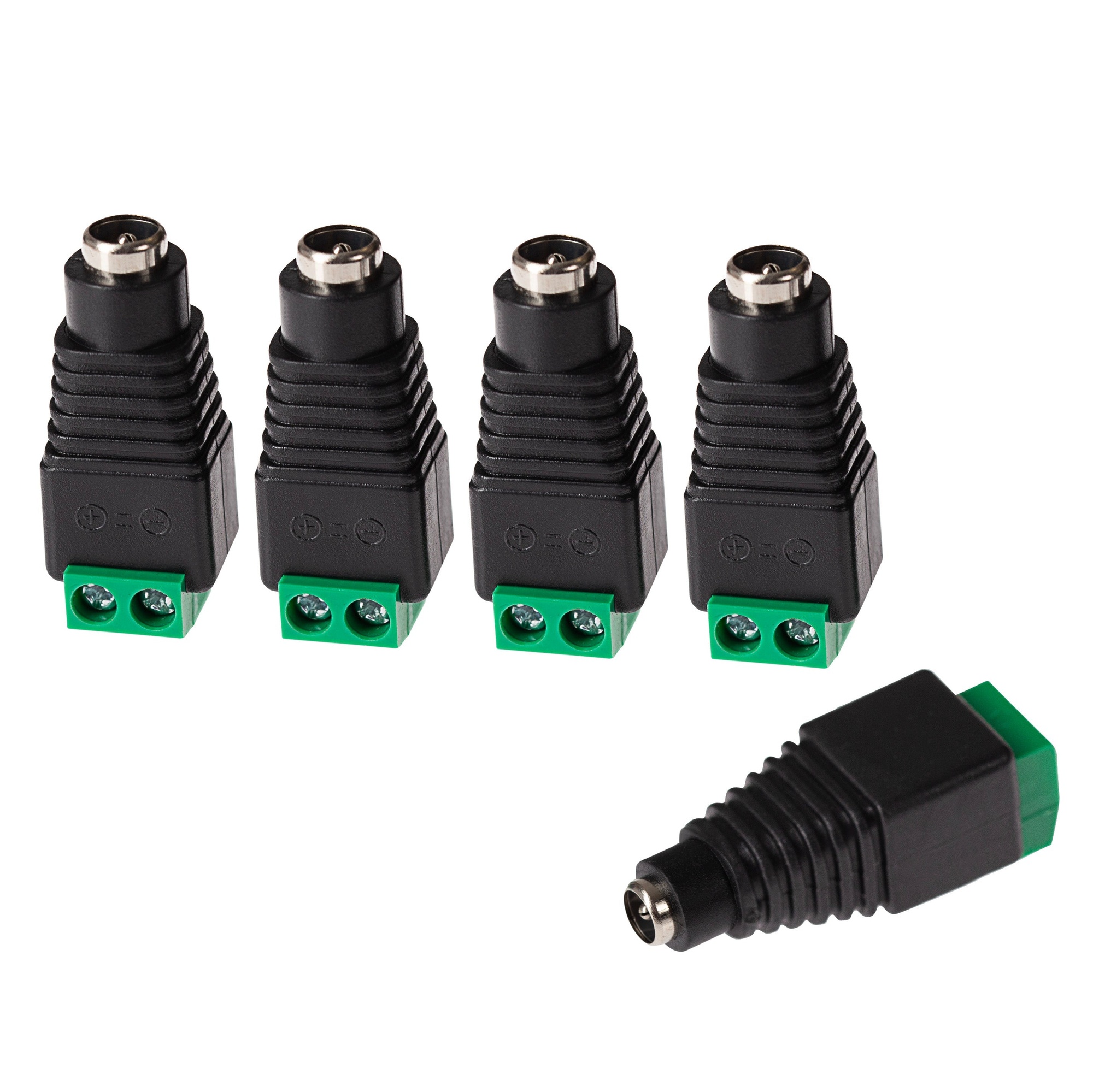 Black plastic DC power connectors with green terminal blocks, featuring a 5.5 x 2.1mm plug, designed for CCTV applications, arranged in a group of four.