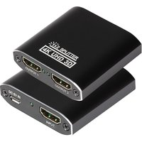 Black Maplin HDMI splitter hub with one input, two outputs, labeled "4K UHD 3D," compact rectangular design.