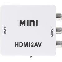 White Maplin HDMI to RCA converter with HDMI input, RCA outputs, and "MINI HDMI2AV" text on top.