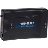 Black Maplin HDMI to SCART converter with input-output ports and blue label, compact rectangular design.