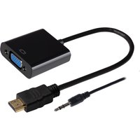Black Maplin HDMI to VGA adapter with 3.5mm audio jack, featuring a 10cm cable and compact rectangular design.