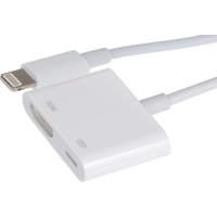 White Maplin Lightning to HDMI adapter with charging port, featuring a compact rectangular design and attached cable.