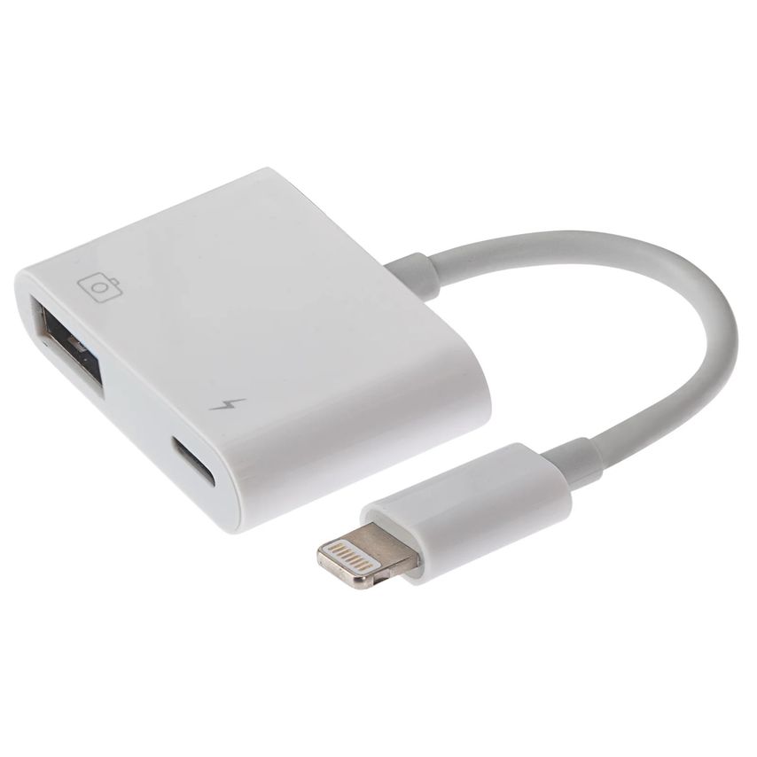 White adapter with a Lightning connector and USB-A 3.0 port, featuring a Lightning charge port, flexible gray cable, and camera icon on the side.