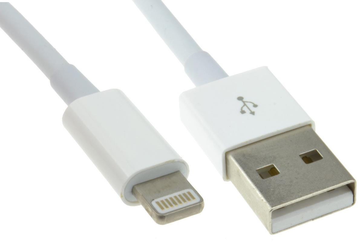 White 1m Maplin Lightning Connector to USB-A charging cable featuring a smooth plastic finish with a Lightning connector on one end and a standard USB-A connector on the other.