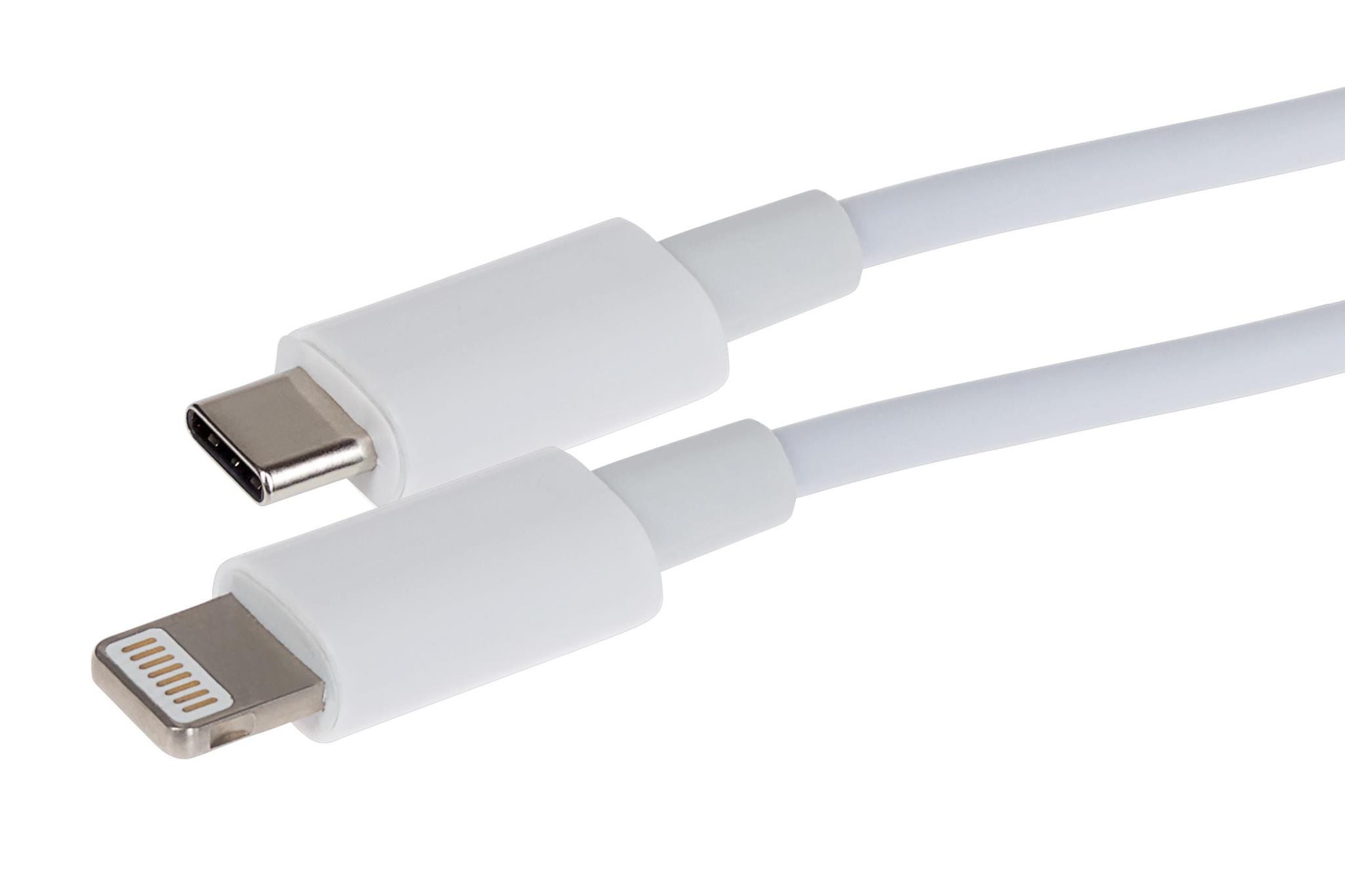 Braided white cable featuring a Lightning connector on one end and a USB-C connector on the other, designed for 27W charging, measuring 1 meter in length.