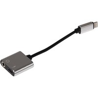 "Maplin dual port adapter with silver casing, Lightning connector, 3.5mm audio jack, and charging port on black cable"