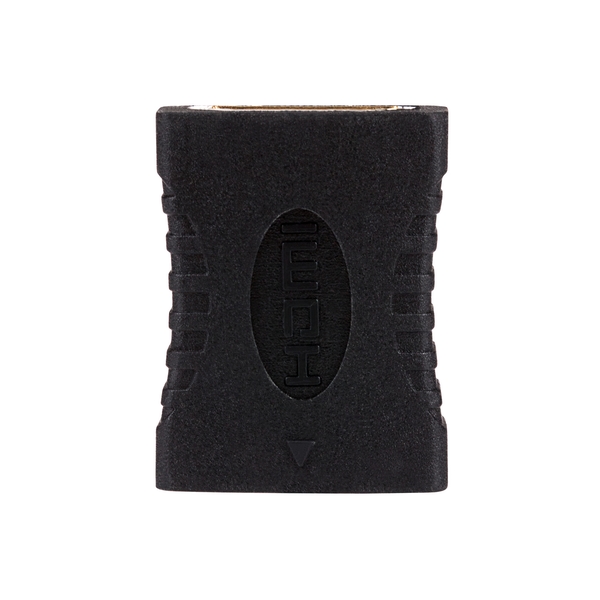 Black HDMI gender changer with a textured surface and an oval logo, designed to convert HDMI cable connections.
