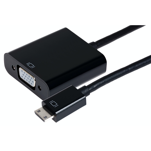Black Maplin Mini HDMI male to VGA female adapter with a 3.5mm audio jack port, featuring a sleek design and durable cable for connecting devices.
