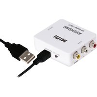 White Maplin RCA to HDMI converter with USB power cable, three RCA inputs, and HDMI output port.