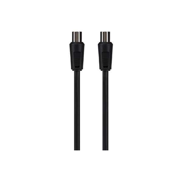 Black 2m RF male to RF female coaxial cable with durable connectors on both ends, designed for TV aerial connections.