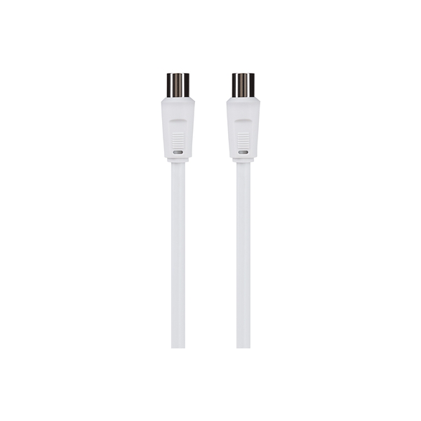 White coaxial cable with two RF male connectors on each end, featuring a smooth finish and a sturdy design, measuring 1 meter in length.