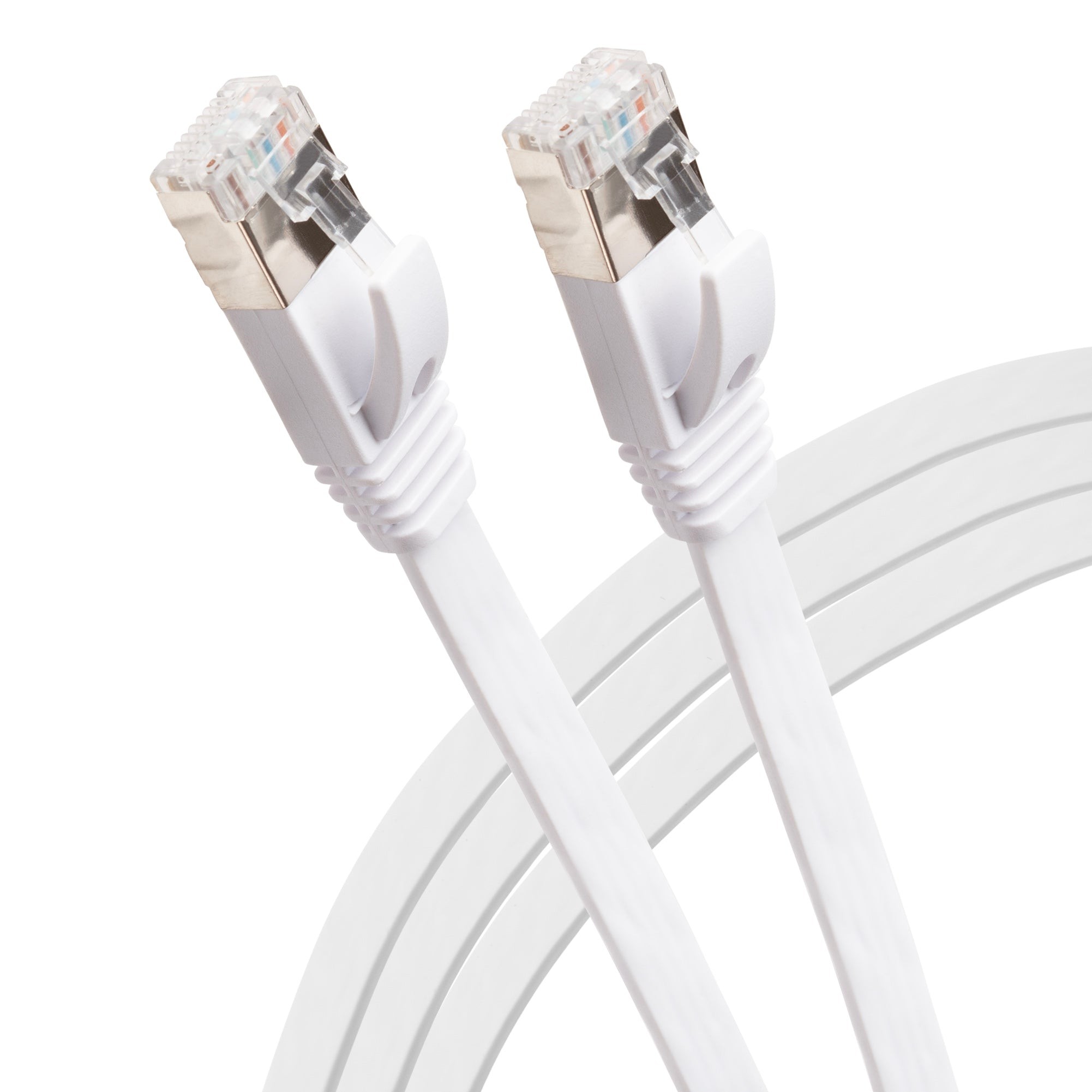 White 15m RJ45 CAT6 UTP flat Ethernet LAN cable featuring two clear plastic connectors with metal clips for secure connections.