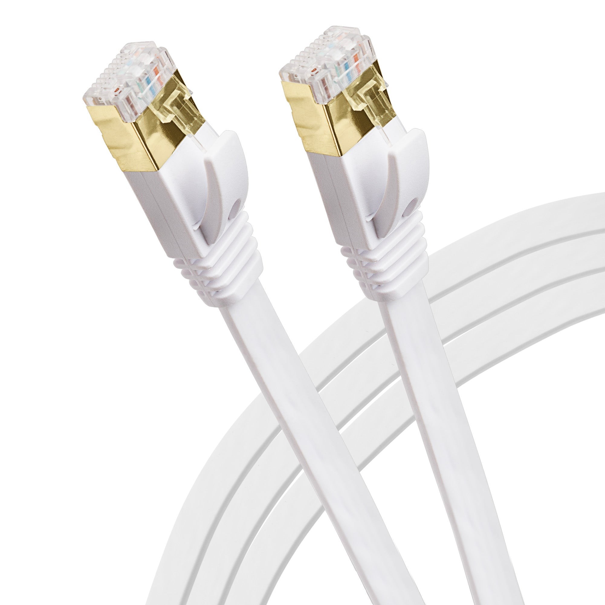 White flat CAT7 Ethernet LAN cable, 0.5m long, featuring gold-plated connectors at both ends for enhanced connectivity.