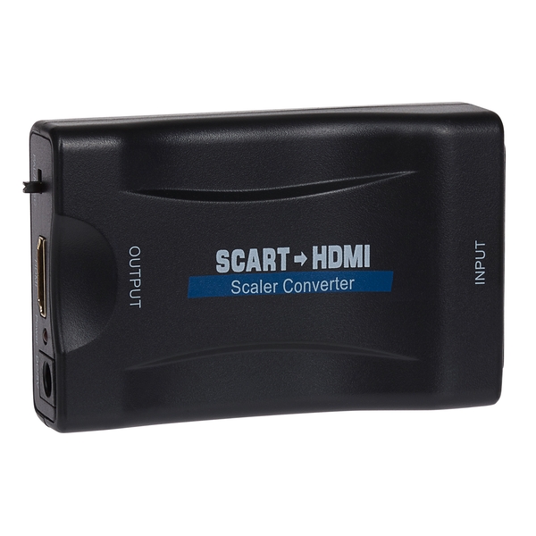 Black SCART to HDMI converter adapter with "SCART to HDMI" label, featuring input and output ports, compact design, and a smooth plastic finish.