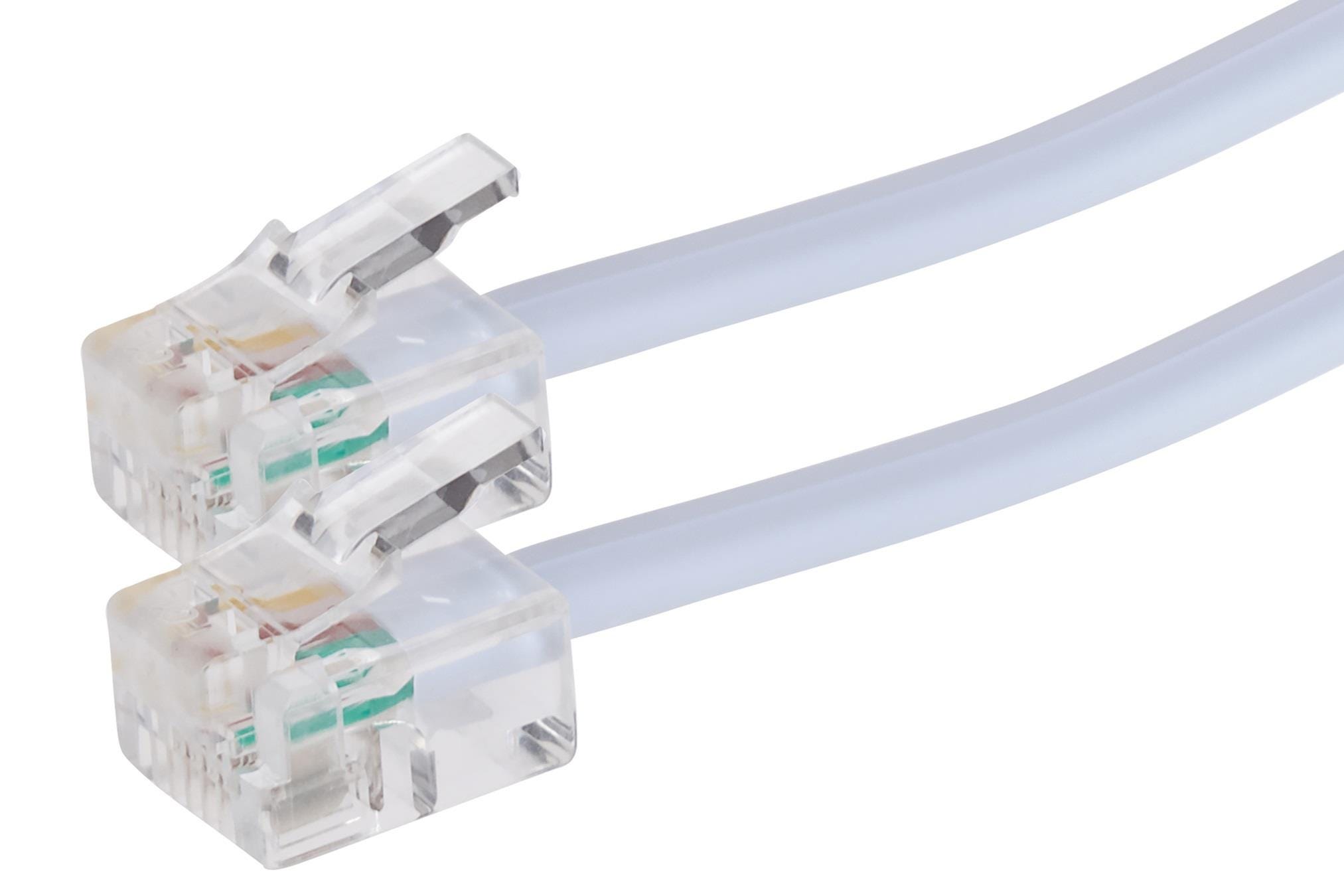 White telephone cable, 3 meters long, featuring clear plastic connectors with gold contacts at both ends, designed for reliable connectivity.
