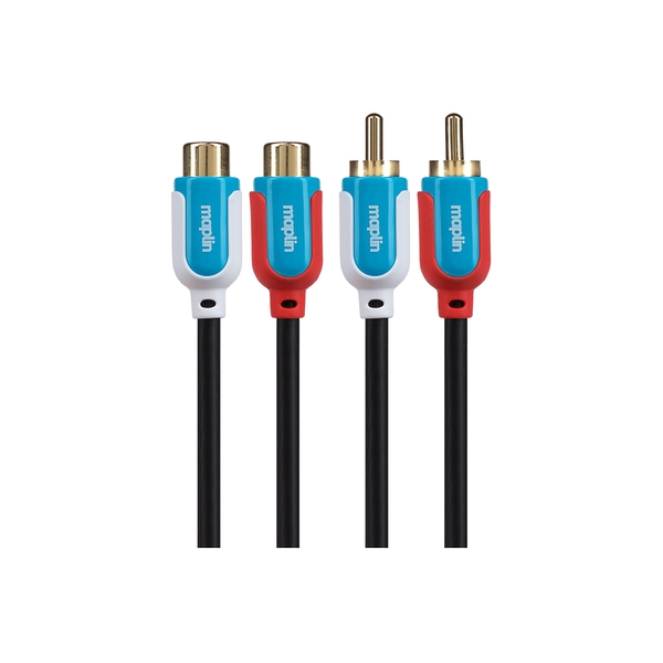 Twin RCA male connectors in gold with blue and red plastic housings, extending to twin RCA female connectors, all connected by a 3m black cable.