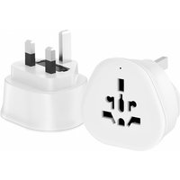 White Maplin UK plug to worldwide socket travel adapter with three-pin design and universal socket.
