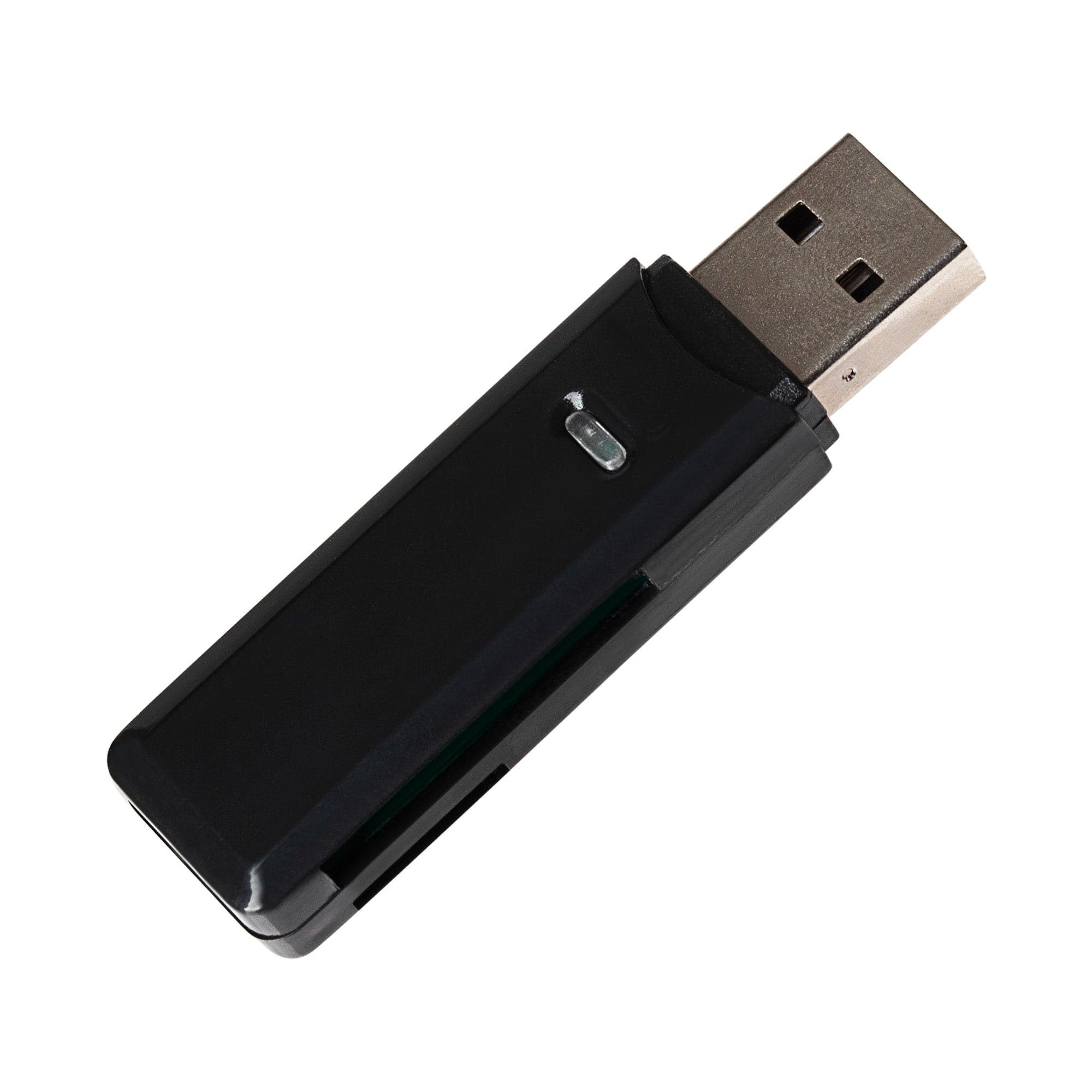 Black plastic USB-A 3.0 SD card reader featuring slots for SDXC, SDHC, MicroSDXC, and MicroSDH cards, with a silver USB connector and a small indicator light.