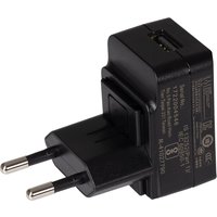 Black Maplin USB-A EU wall charger with two round prongs and 5V 1Amp output, compact design.