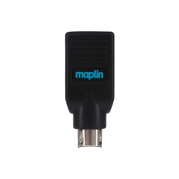 Black plastic USB-A female to PS2 adapter converter with "maplin" logo in blue, featuring a smooth finish and a standard PS2 connector at one end.