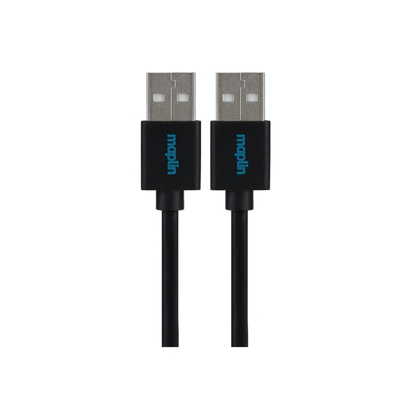 Black 1m USB-A male to USB-A male cable with a smooth finish, featuring blue Maplin branding on the connectors.