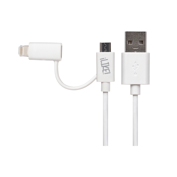 White Maplin USB-A to 2-in-1 multi charging cable featuring a Lightning connector and Micro USB-B, with a sleek design and durable material.