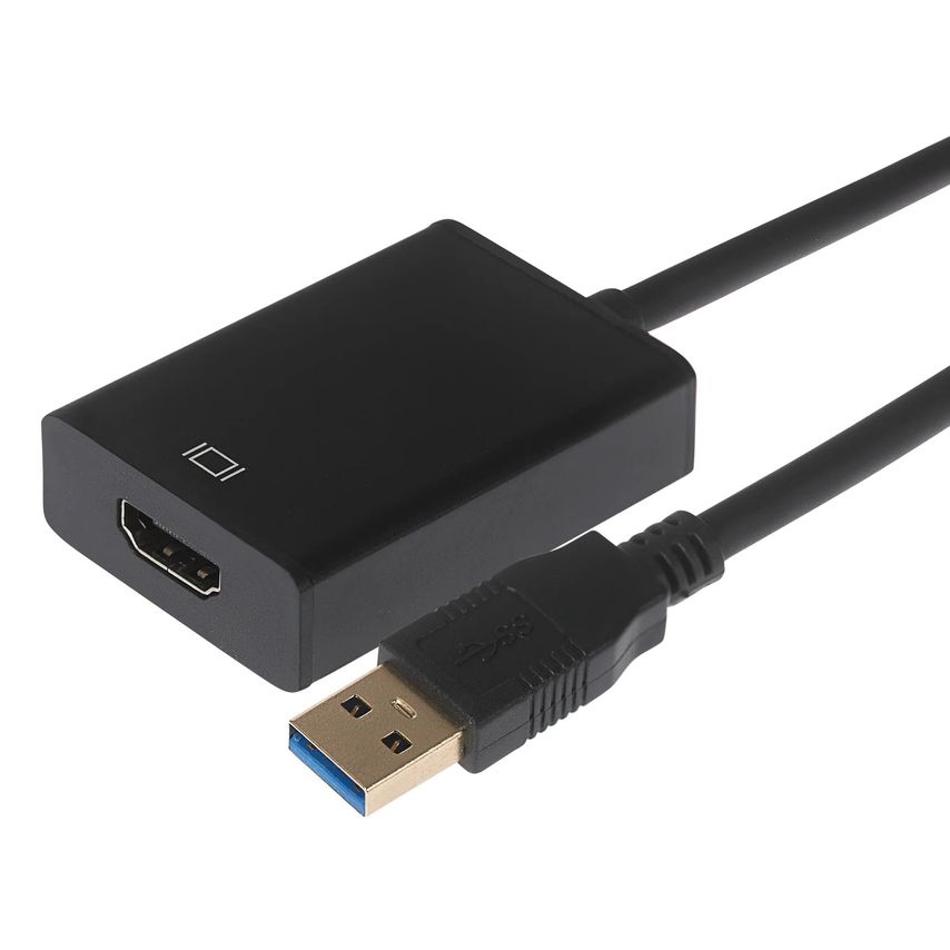 Black USB-A to HDMI adapter with a 15cm cable, featuring a USB 3.0 connector and an HDMI port on one end, designed for video output.