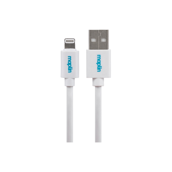White USB-A to Lightning connector cable, 3 meters long, featuring a durable design with Maplin branding on both connectors.