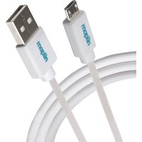 White Maplin USB-A to Micro USB-B cable, 0.5m length, with blue branding on connectors.