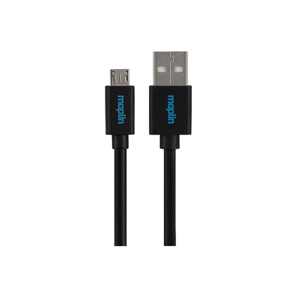Black 3m USB-A to Micro USB-B male cable by Maplin, featuring sturdy connectors and a flexible, durable design for reliable data transfer and charging.