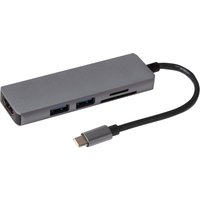 Gray Maplin USB-C multiport hub with 2 USB-A 3.0 ports, HDMI, and SD card reader, connected via a short black cable.