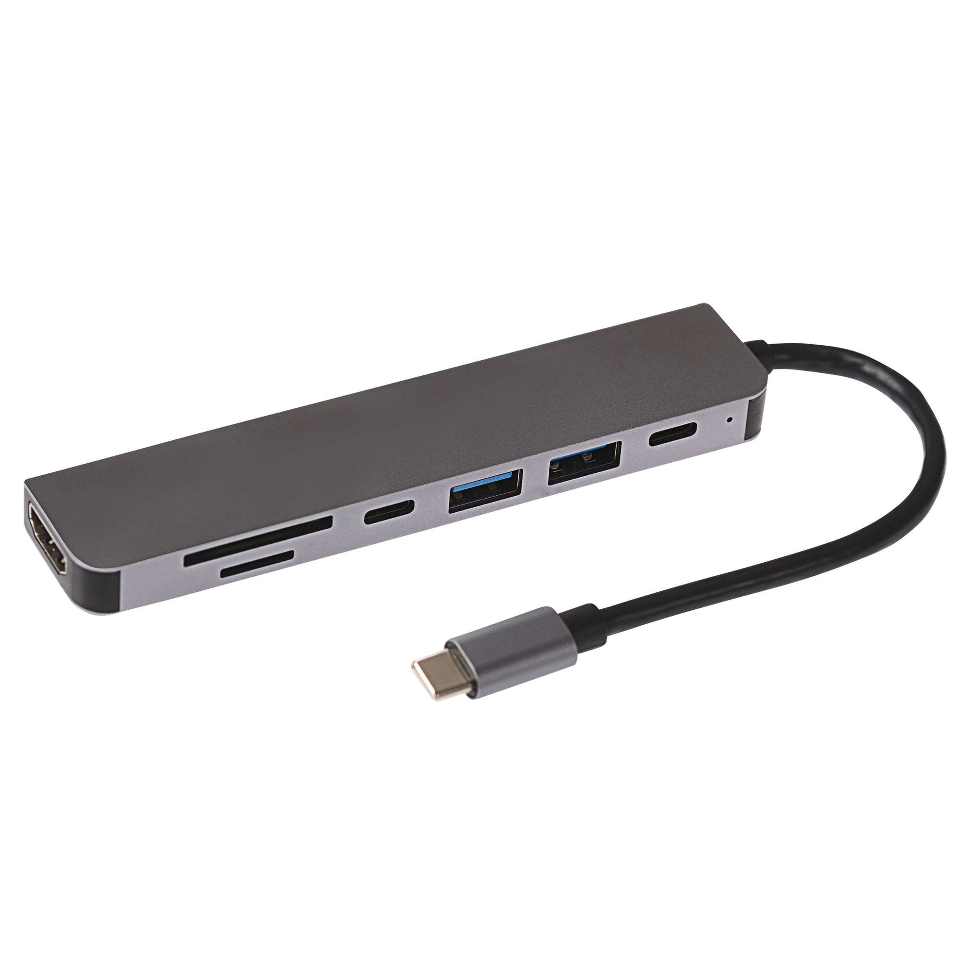 Nikkai USB-C multiport hub in sleek silver with two USB-A 3.0 ports, HDMI, two USB-C ports, and an SD card slot, featuring a flexible black cable for easy connectivity.
