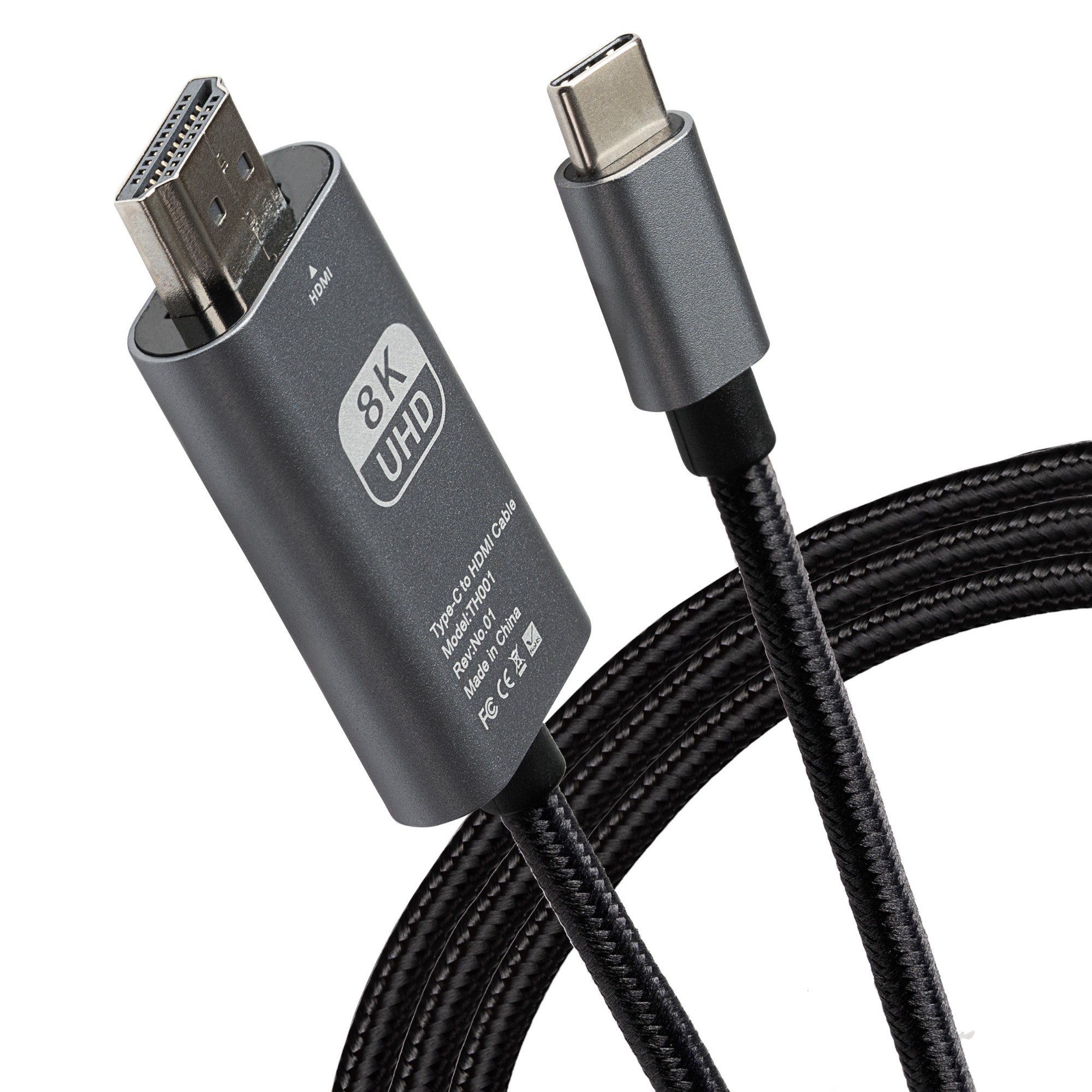 Gray USB-C to HDMI cable with a braided design, featuring a USB-C connector on one end and an HDMI connector labeled "8K UHD" on the other, measuring 2 meters in length.