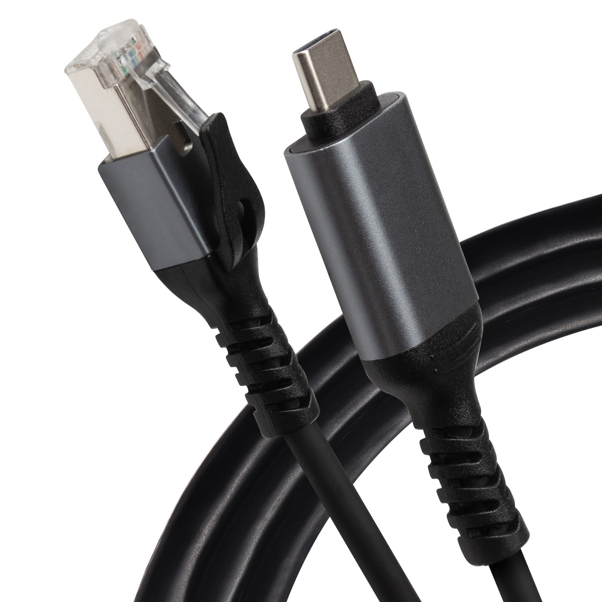 Black 2m USB-C to RJ45 Ethernet cable featuring a sleek design with a grey connector on one end and a transparent RJ45 connector on the other.