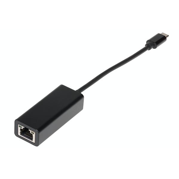 Black USB-C to RJ45 Ethernet adapter with a 0.25m cable, featuring a compact rectangular design and a standard Ethernet port for high-speed network connectivity.