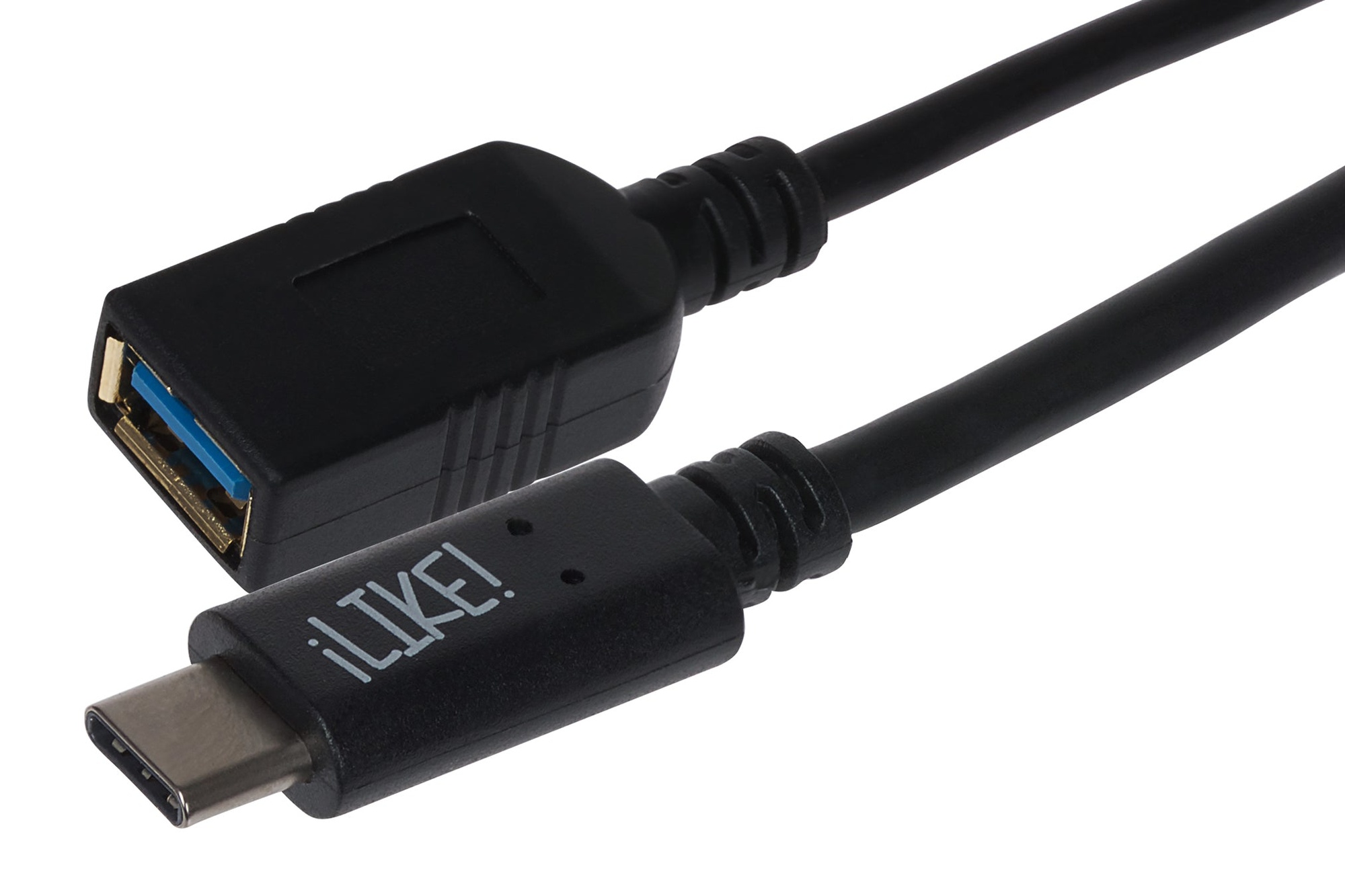 Black Maplin USB-C to USB-A 3.1 Gen 1 female adapter with a 14cm cable, featuring a USB-C connector on one end and a USB-A port on the other.