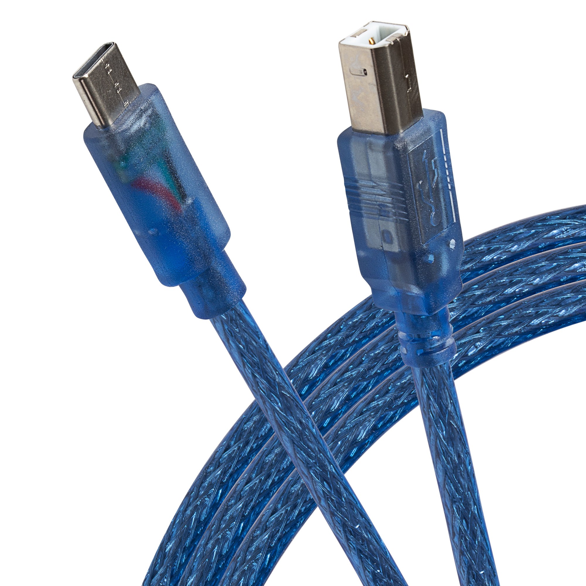Braided blue USB-C to USB-B cable, 1 meter long, featuring transparent connectors that reveal internal wiring, designed for durable and efficient data transfer.