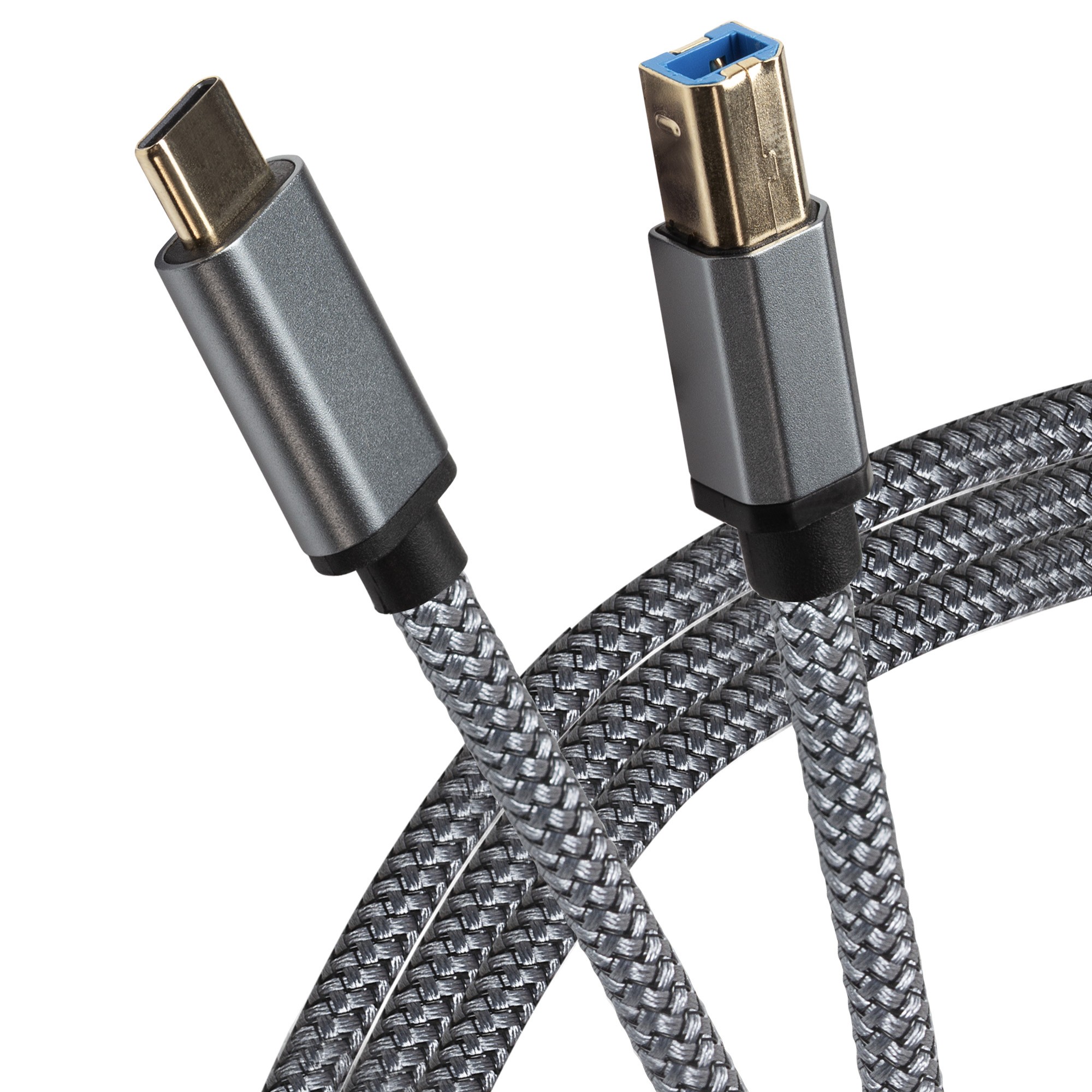 Braided silver USB-C to USB-B male cable, 5 meters long, featuring a sleek design with a gray finish and blue USB-B connector.