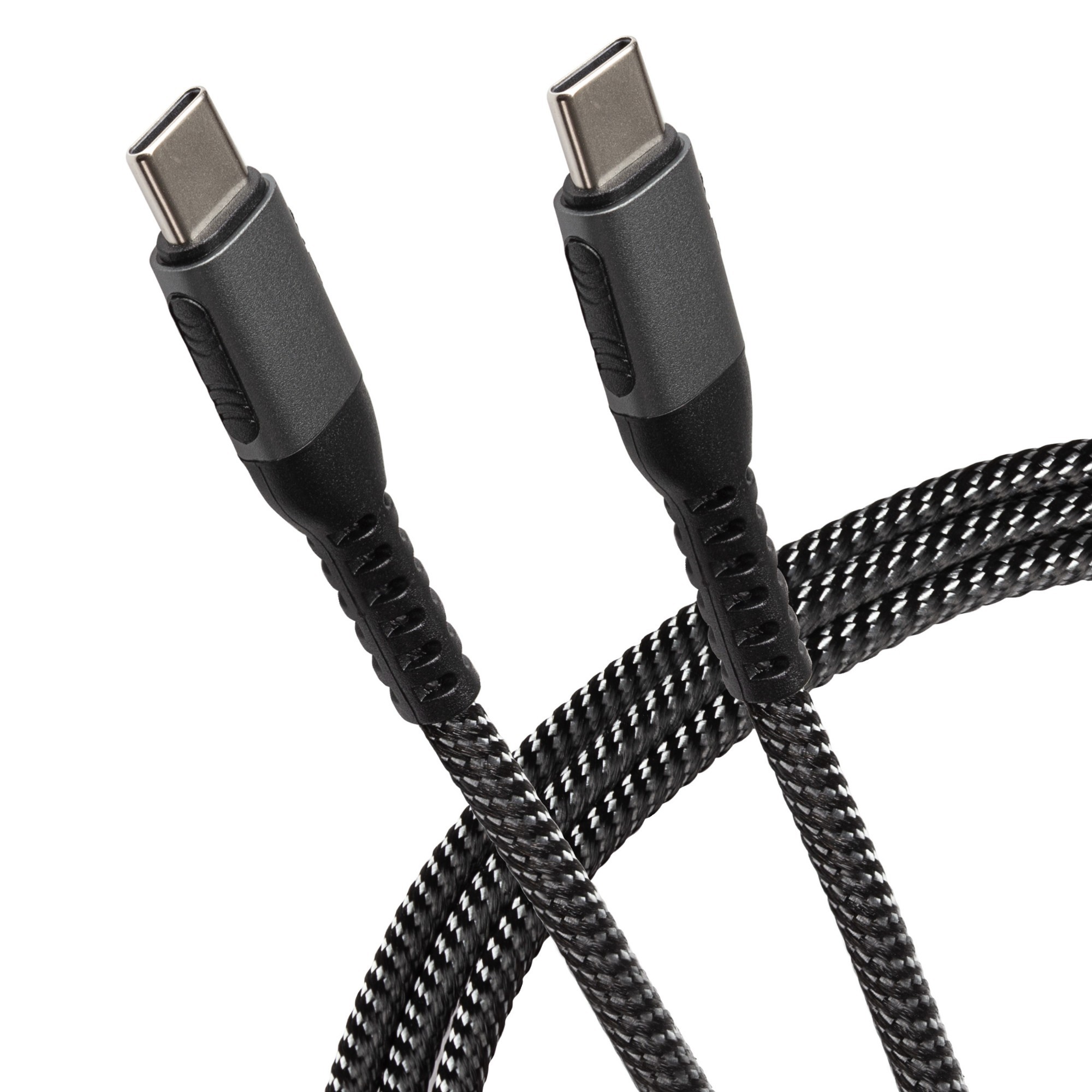 Silver braided USB-C to USB-C cable, 0.25m long, featuring durable connectors with a textured grip for easy plugging and unplugging.